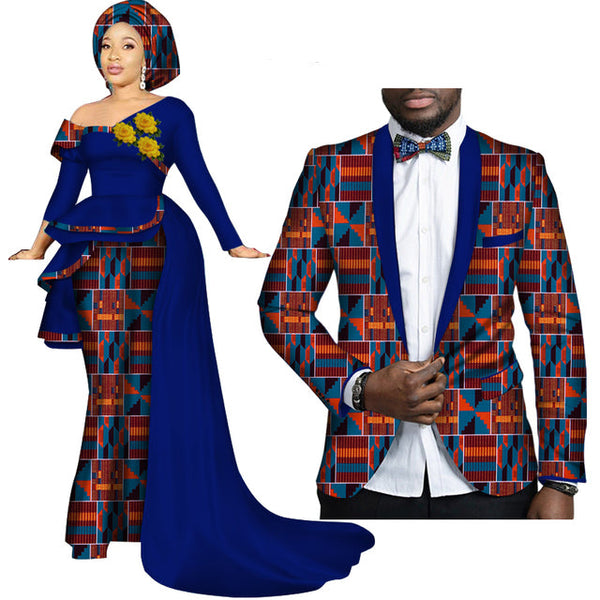 African Couples Clothing Women Dress Men Blazer Royal Blue and African Print