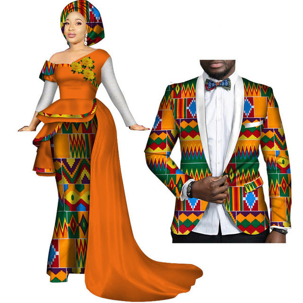 African Couples Clothing Women Dress Men Blazer Orange