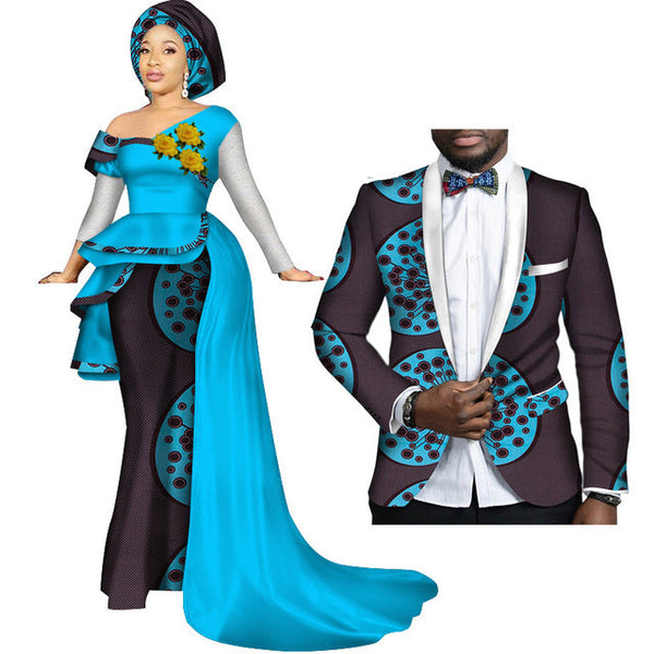 African Couples Clothing Women Dress Men Blazer Sky Blue and Maroon