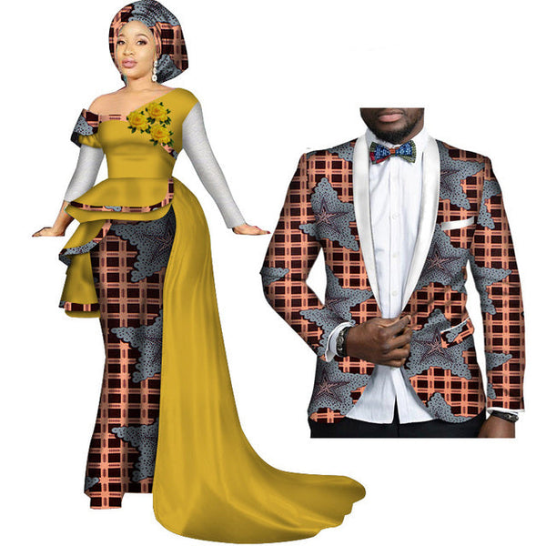 African Couples Clothing Women Dress Men Blazer Yellow and Brown Plaid