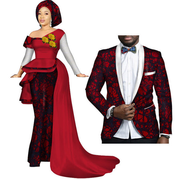 African Couples Clothing Women Dress Men Blazer Red and Black