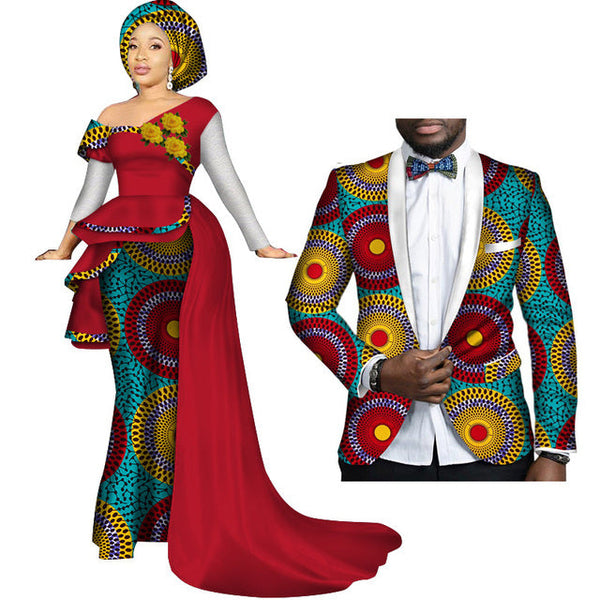 African Couples Clothing Women Dress Men Blazer Red and Aqua Blue