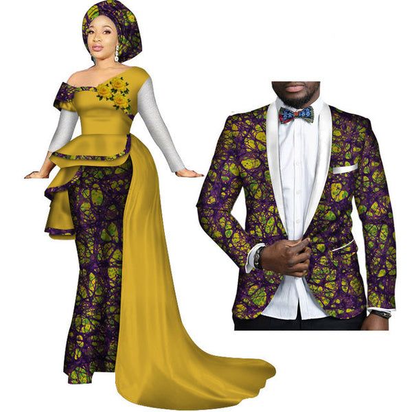 African Couples Clothing Women Dress Men Blazer Yellow and Purple