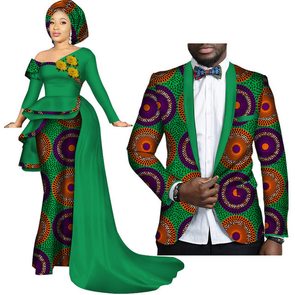 African Couples Clothing Women Dress Men Blazer Green