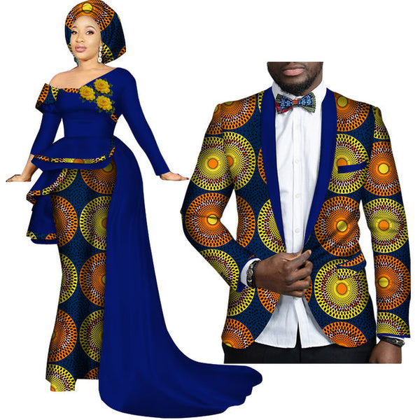 African Couples Clothing Women Dress Men Blazer Royal Blue