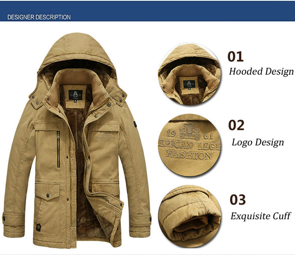 Mens Thick Hooded Military Parka-Collar Wool Liner