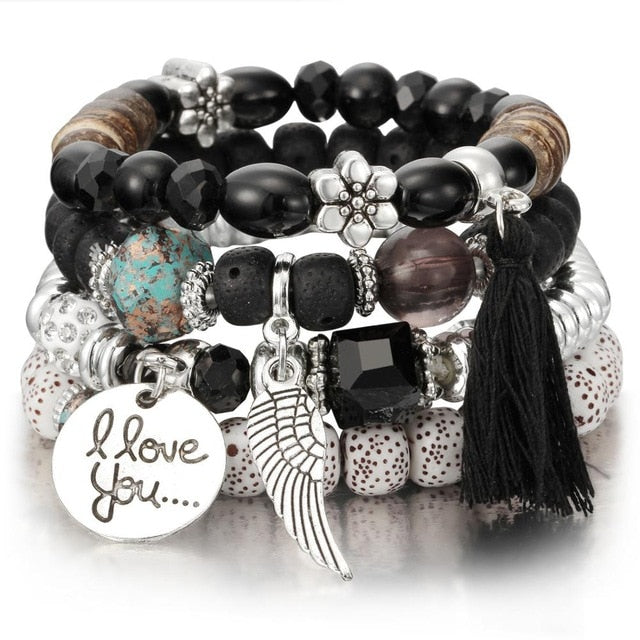 Womens Natural Stone Crystal Beads Bracelet and Charms