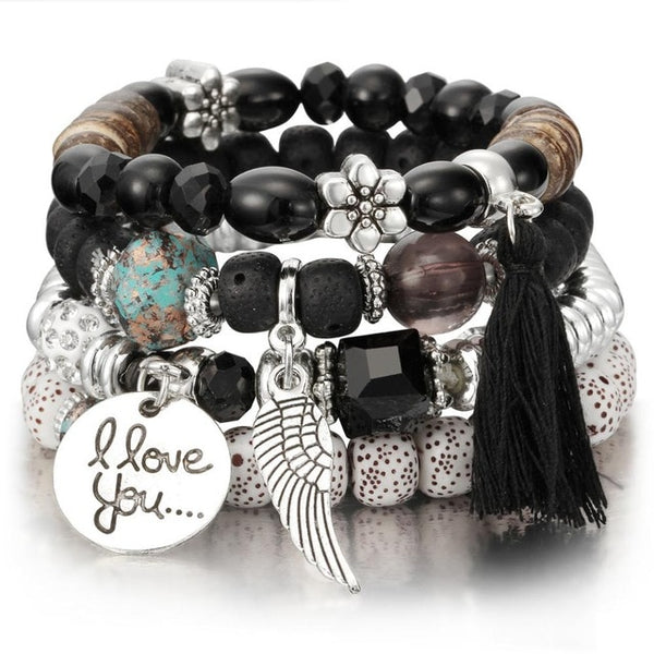 Womens Natural Stone Crystal Beads Bracelet and Charms