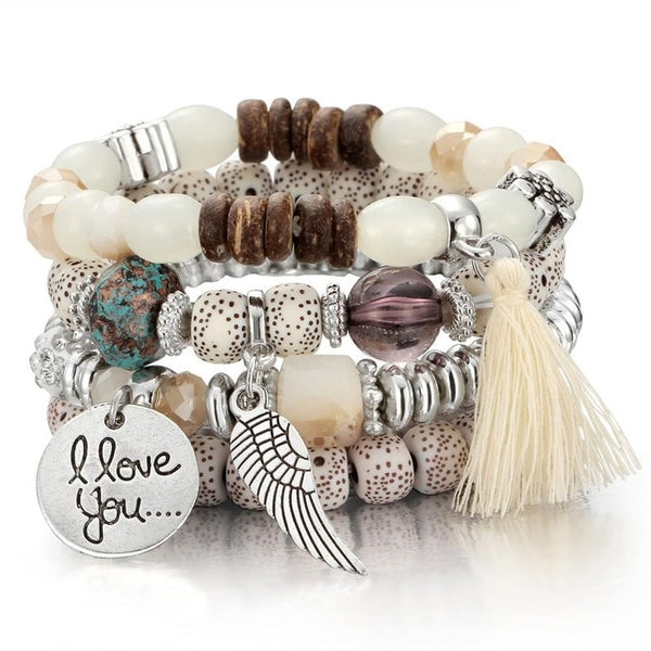 Womens Natural Stone Crystal Beads Bracelet and Charms