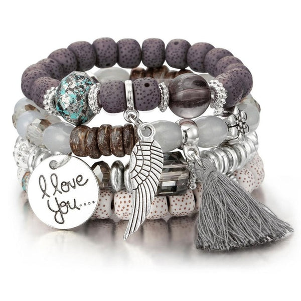 Womens Natural Stone Crystal Beads Bracelet and Charms