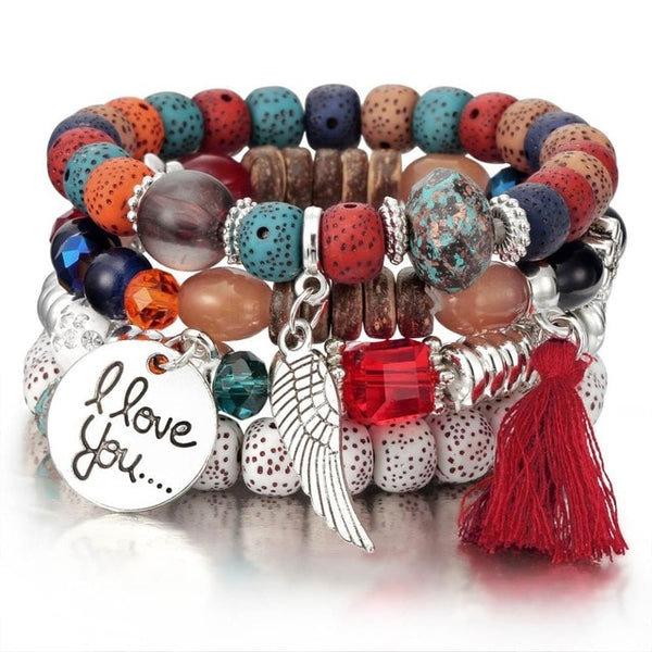 Womens Natural Stone Crystal Beads Bracelet and Charms