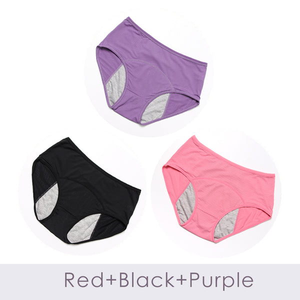 Womens Leak Proof Menstrual Cotton Underwear, Breathable High Waist 3pcs/Set Plus Sizes
